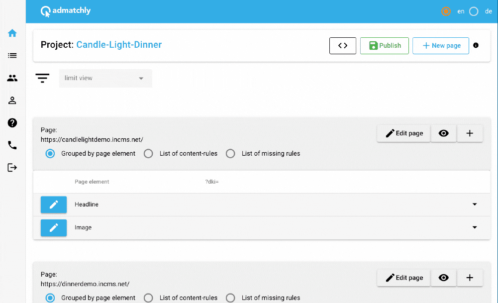 admatchly - Vorschau dynamisch erzeugte Landingpages